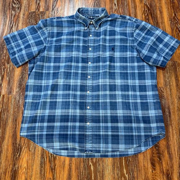 Ralph Lauren Polo Men's Size 2XB Denim Plaid Blue Button Up Shirt Top Vintage 2X - Picture 1 of 8